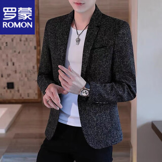 罗蒙（ROMON）西装男韩版潮流修身春秋季新款单西服男装格子小西服休闲男士外套 黑色 M 80-100斤