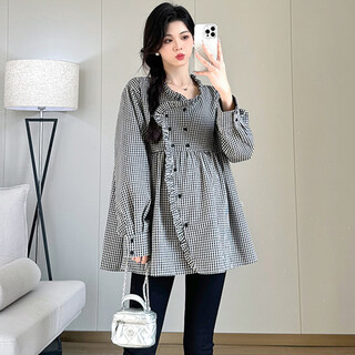 Mengyilan (mengyilan) maternity clothes tops autumn cover the belly without showing pregnancy plaid loose mid-length design loose autumn suit plaid shirt l (recommended 115-130 jin jin equals 0.5 kg)