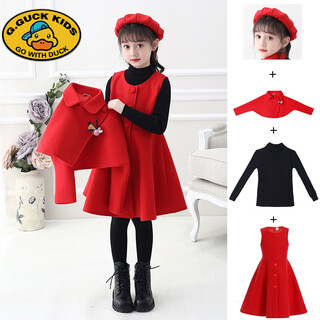 G.duck girls' woolen dress 2025 autumn and winter new thickened children's woolen princess dress little girl's stylish two-piece set red skirt + coat + hat + sweater single 140 recommended height around 135