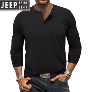 Jeep spirit spring and autumn men's t-shirt american young and middle-aged solid color long-sleeved henley shirt men's simple versatile quick-drying sports t-shirt black xl