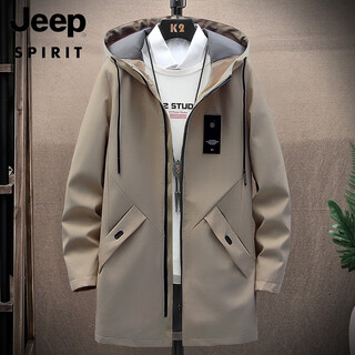 Jeep spirit men's jacket hooded korean style business windbreaker jacket mid-length casual spring autumn 2024 new men's top khaki 2xl =130-145jin jin equals 0.5 kg