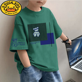G.duck boys' short-sleeved t-shirt pure cotton base new children's clothing korean style handsome half-sleeved top for middle-aged and older children summer green-line bear large picture 160