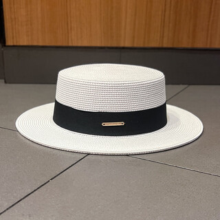Ajld french straw hat, large head circumference, women's flat top hat, travel to the beach, sun hat, small flat brim hat, white m (56-58cm)
