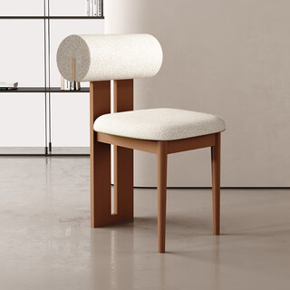 Halodn solid wood dining chair, mid-century style, casual and simple, home dining stool, dressing table chair, light luxury, nordic modern backrest dining chair, hippopotamus dining chair, walnut + off-white sherpa, single set, designer style - door-to-door delivery