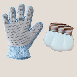 Qiaran japanese pet hair brush dusting cat gloves remove floating hair supplies massage comb cat hair cleaner gloves (blue - right hand) 1 + smoothing comb 1