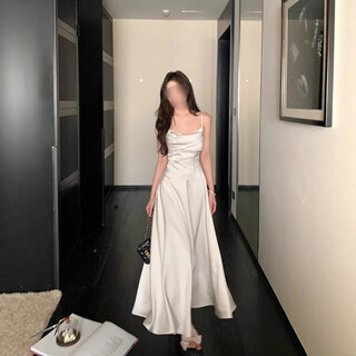 Zhenxiqi white pleated high-end waist slimming long suspender dress pure lust style satin dress long skirt off-white m