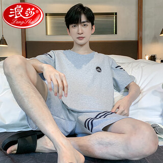 浪莎（langsha）睡衣男夏季纯棉薄款短袖短裤可外穿休闲男士加大码凉感家居服套装 9928# L 【建议100-120斤】