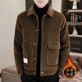 Ueteey jacket men's jacket men's autumn and winter new casual trend lapel warm thickened corduroy coat youth jacket brown -3666 plus velvet l recommended 110-130jin jin equals 0.5 kg