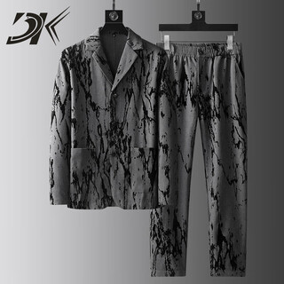 Dk high-end men's linen suit suit men's spring and summer thin personalized printed trendy handsome casual suit two-piece set black m