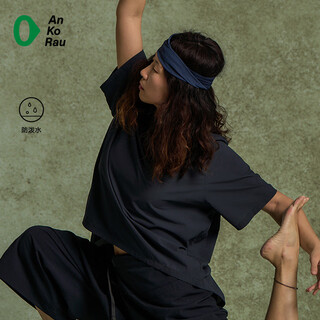 Ankorau women's new yoga pilates loose short-sleeved t-shirt with back slit and can be tie | ankorau navy blue 69 s