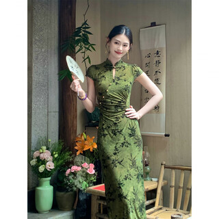 Jialong mingxiu 2025 summer new chinese style embroidered cheongsam improved women's daily wear green dress green s