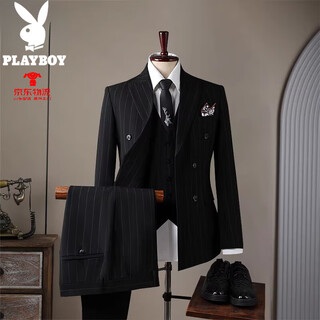 Playboy 2025 winter new suit suit men's casual business formal striped double-breasted groom's wedding suit obsidian black 2xl 54