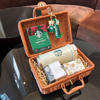 星巴克杯子礼品定制水杯双饮口保温杯吸管杯咖啡杯伴手礼礼物 白色咖啡藤编礼盒
