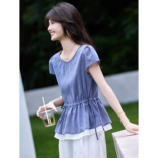 Awakening paradise summer european and american fashion casual round neck drawstring top loose solid color nine-point pants linen two-piece set blue s