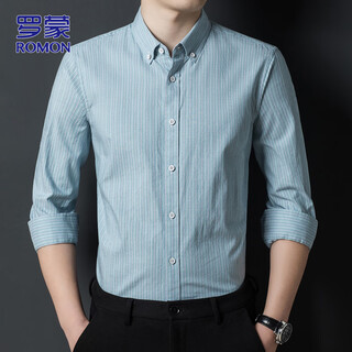 罗蒙（ROMON）长袖衬衫男士秋冬季商务纯棉衬衣男装条纹职业装上衣 绿色 XL