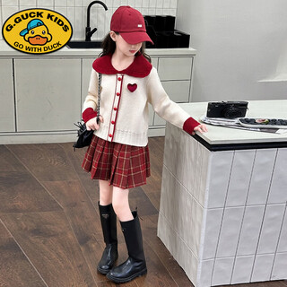G.duck girls autumn and winter skirt new year suit 2025 new children's pleated skirt girls big children college style new year clothes suit rice sweater + red skirt 150 cm