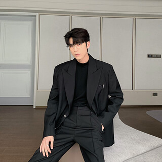 Hualundesign autumn and winter korean casual suit suit men's high-end handsome loose college student suit matching set black top xl