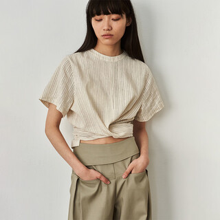 Same flow round neck back slit design japanese retro vertical striped waist-cinching short-sleeved top with lace-up stripes s