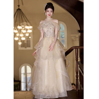 Champagne halterneck tassel evening dress for host adult ceremony, light wedding dress, high-end dressing gown, female bride's toast dress, engagement dress, champagne color m