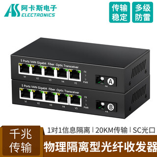 Acas electronics physically isolated optical fiber transceiver 100m gigabit 1 optical 2 electrical 4 electrical 8 electrical multi-port fiber optic switch independent isolated network port one optical 2 electrical four electrical eight electrical sc optical port gigabit isolation type 1 optical 5 electrical pair