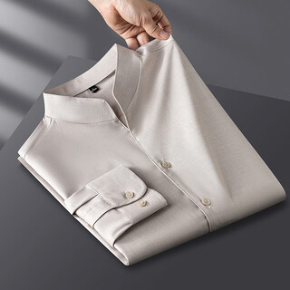 Chaolilong spring and autumn thin henley collar cool shirt men's long sleeve high-end mid-mountain collar casual korean style trendy shirt men's khaki xl
