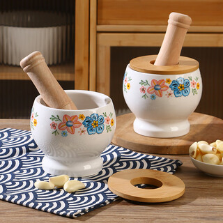 Pottery king ceramic garlic pounder stone mortar manual garlic mortar household smashing jar hand pressed garlic pourer old-fashioned grinder flower