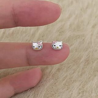 Free talk s999 sterling silver cute kitty earrings for female students, pierced ears for sleeping, no need to remove earrings, hypoallergenic earrings 999 sterling silver kitty cat earrings, two pack