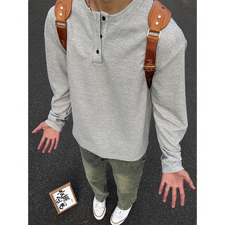 Du xiaoxian light gray henry collar long-sleeved t-shirt men's spring and autumn trendy brand casual bottoming shirt american heavy sweater light gray xl recommended 120-140jin jin equals 0.5 kg