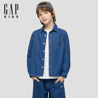 Gai pu same style for both big and small children, boys and girls 2025 autumn new embroidered logo pure cotton denim shirt, dark wash, 110 cm (4-5 years old) asian size
