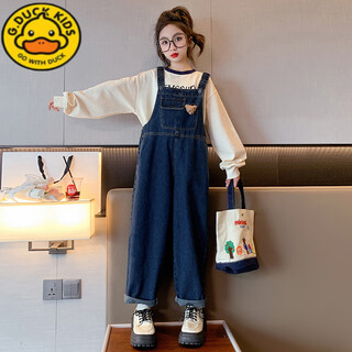 G.duckkids little yellow duck girls denim overalls suit autumn casual fashionable medium-sized trousers for big children girls autumn two-piece set denim overalls + same style bottoming shirt set 150