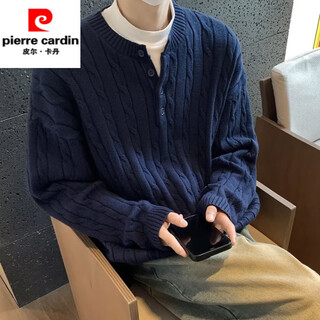 Pierre cardin high-end henry collar braided braided sweater for men, autumn and winter, korean style lazy long-sleeved pullover sweater jacket, navy m