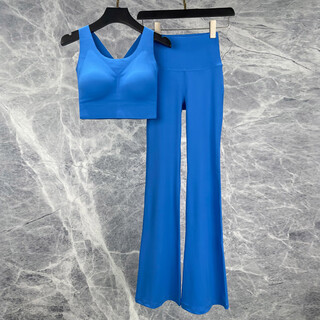 Yoga wear women's suit summer professional vest 2025 new style micro-flared pants high-end quick-drying pilates fitness ice blue (fixed cup) bra + ice blue bell-bottom pants s (suitable for 80-98 jin jin equals about 0.5 kg)