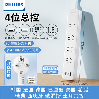 飞利浦（PHILIPS）欧标转换插头韩国欧洲转国标插排俄罗斯德标德国排插座波兰西班牙法国巴厘岛旅行4位1.5米带USB