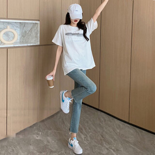 Skonwat maternity pants, spring and autumn outer wear belly-supporting nine-point pants, summer jeans outer wear, breathable casual fashion cigarette pants, retro light blue m