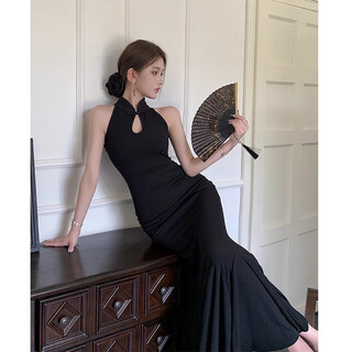 Let the mist cheongsam new chinese style dress skirt for women summer 2025 new high-end improved version of the national style black fishtail skirt bubu shenglian new chinese style dress m recommended 90-100jin jin is equal to 0.5 kg