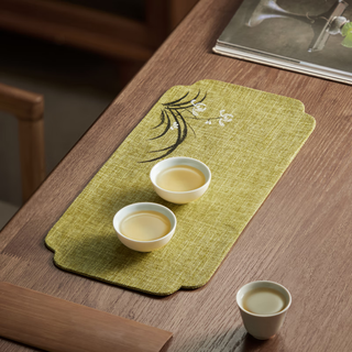 Yipot tea coaster insulation pad tea mat cloth absorbent tea towel tea mat tea tray mat tea cloth towel table mat absorbent dry soaking mat 37*18cm yellow green--hand-painted orchid