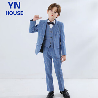 衣诺坊新款儿童西服套装演出服西装礼服主持人男童 蓝格子 140码