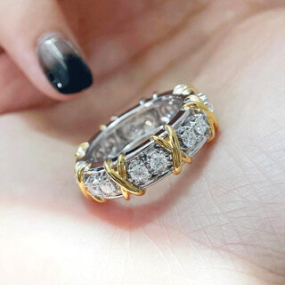 Quamer 24 stone color-separated cross ring for women, sterling silver, 18k gold and sixteen diamonds, couple's ring feels light, luxurious and fashionable, fine rose gold, us size 5