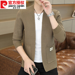 Pierre cardin men's knitted cardigan jacket 2025 new high-end business casual cardigan thin autumn sweater can be worn outside khaki 2xl 180