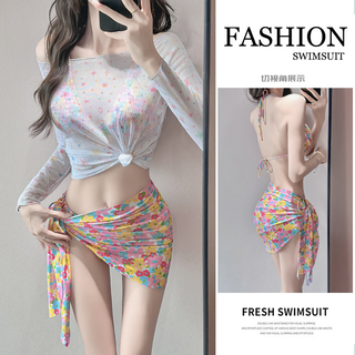 Bo naling bikini swimsuit 4-piece set for women, summer fresh print, pure desire, beach vacation, hot spring split swimsuit, conservative bikini swimsuit, small flower four-piece set, one size fits all 70-120