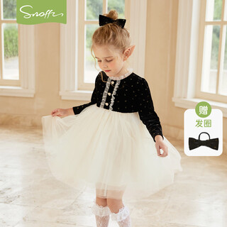 Snuffy girls dress, children's princess dress, autumn velvet gold-tone stitching mesh dress, fashionable and elegant, black 120