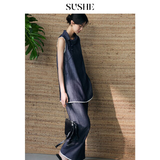 Sushe light chinese tencel linen sleeveless side slit top elastic waist straight pants suit shepherd's blue-pants s