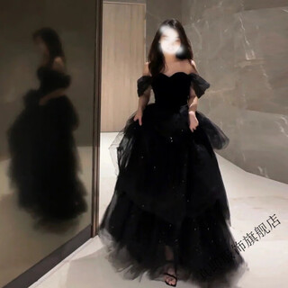 True black evening dress 2025 new light luxury niche high-end one-shoulder adult ceremony graduation performance female black s