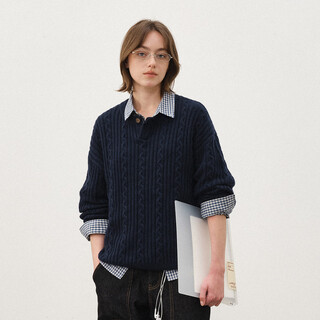 714street henry collar sheep wool sweater for men 2025 autumn and winter new couple cable knit sweater top for women dark blue l