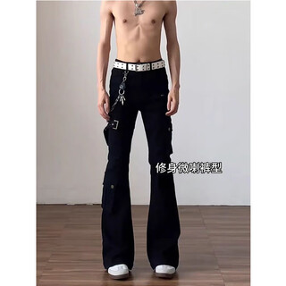 Poum american high street scimitar jeans for men in autumn vibe strappy jeans for men with all-match workwear pants for men df-411 black l recommended 110--125jin jin is equal to 0.5 kg