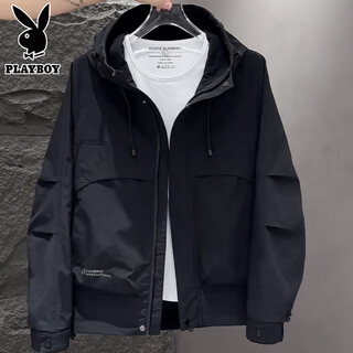 Playboy spring and autumn 2025 new men's jacket workwear hooded loose autumn and winter velvet jacket casual top black l recommended weight 120-135 jin jin equals 0.5 kg