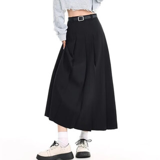 Lugeli skirt women's new pleated suit mid-length skirt high waist a-line skirt covering the crotch high-end elegant slim casual skirt black with belt xl recommended 110-125 jin jin equals 0.5 kg