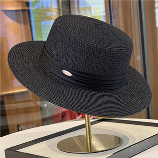 Kim sunja french lady style flat top straw hat for women spring and summer new flat top hat elegant satin temperament straw sun hat black adjustable (56-59cm)