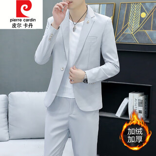 Pierre cardin korean style casual spring and autumn suit men's slim business formal suit groom handsome british casual small suit for men plus velvet gray (two-piece set - top + pants) 4xl (suitable for 160-175jin jin equals 0.5 kg)