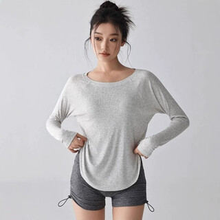 Bright dipped yoga clothes for women autumn new quick-drying loose pilates training fitness tops sports long-sleeved blouse white hemp gray l /xl